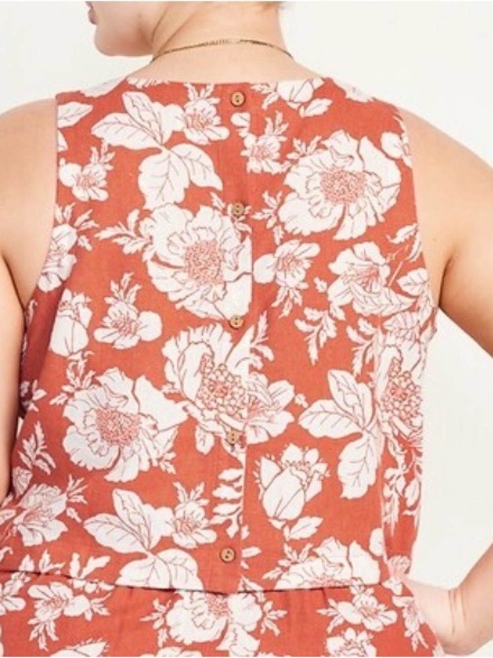 OLD NAVY Linen Blend Sleeveless Top Burnt Orange Large Floral Buttoned Back NWT